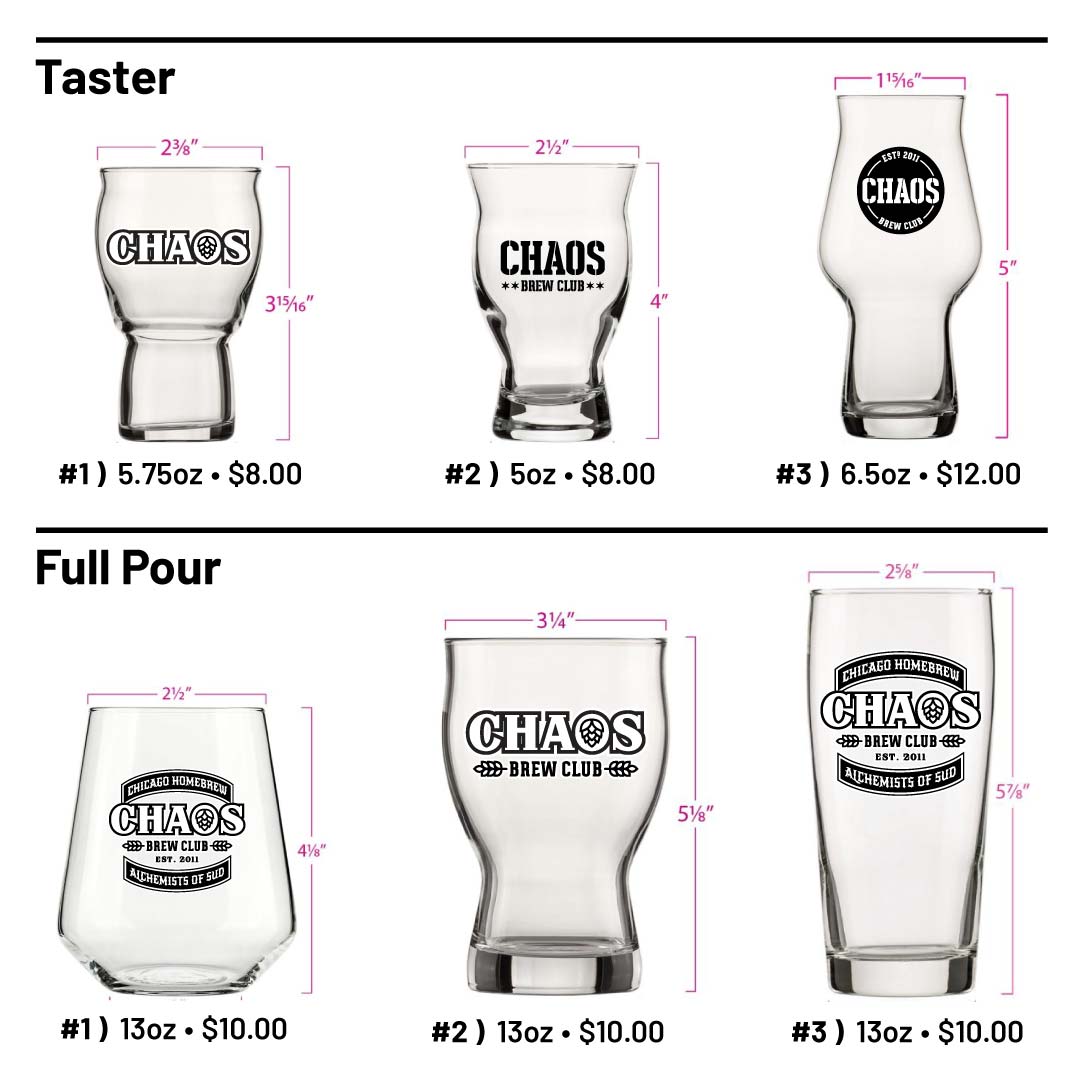 CHAOS-Glasses-2024-Survey-Mockup Image of six glasses we're looking for feedback on.